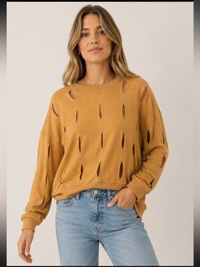 LNA Mustard-Tan Distressed Cutout Crewneck Sweater
